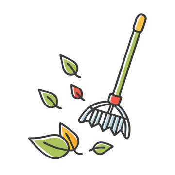 rake raking leaves, green, orange, cartoon clip art preview