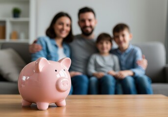 Pink piggy bank on table with blurred family in background, financial planning concept