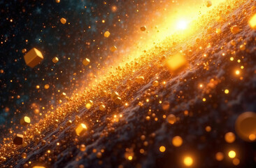 Abstract whirlwind of gold coins soaring in space, radiance and shine --ar 3:2