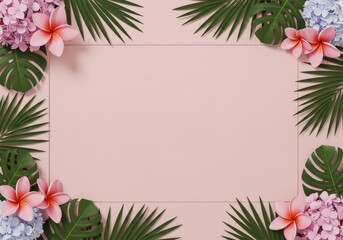 Tropical frame with plumeria, hydrangea, and palm leaves on a pink background