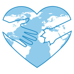 Illustration of dog paw and human hand holding globe in heart shape on white background
