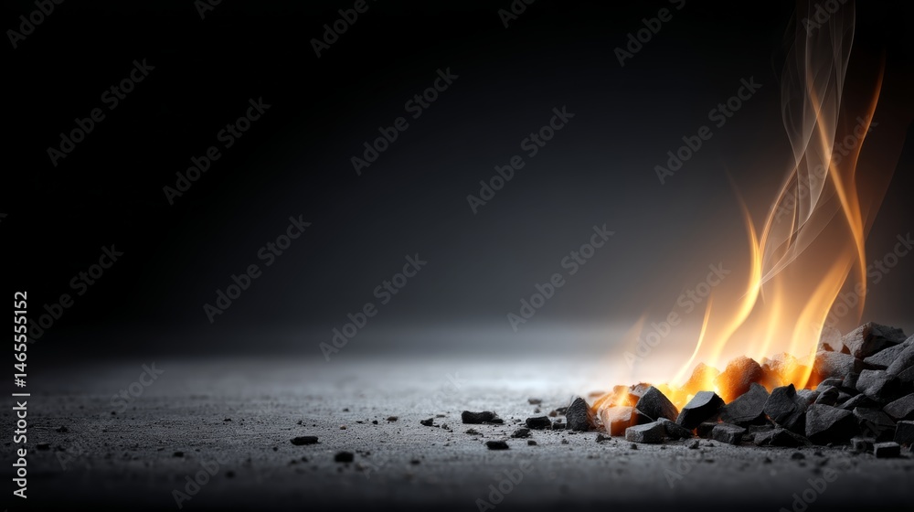 Poster fiery embers ignite with smokey trails, producing an abstract and captivating visual against a rich,