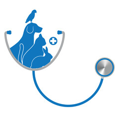 Illustration of pets with stethoscope on white background.