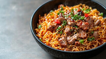 Fototapeta premium Hearty bowl of spicy beef ramen with vegetables and sesame seeds in a black ceramic bowl on a textured surface, close-up view of flavorful Asian noodle soup