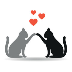 Illustration of silhouettes of gray and black cats with hearts on white background with shadow