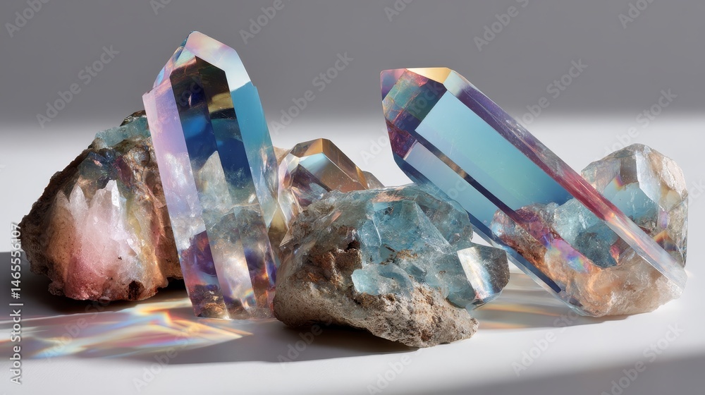 Poster clusters of polished quartz prisms scatter vibrant rainbow reflections across a crisp white surface,