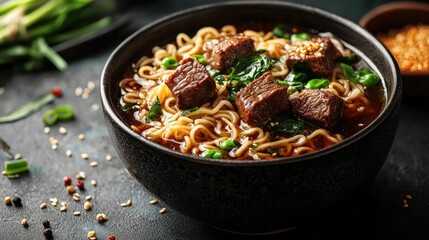 Delicious Asian style beef noodle soup in a black bowl with tender beef green onions and spices garnished with sesame seeds on a textured dark background