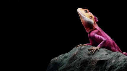 A vibrant lizard with striking scales is poised on a dark obsidian surface, showcasing its colors against the black background, creating an eye-catching composition