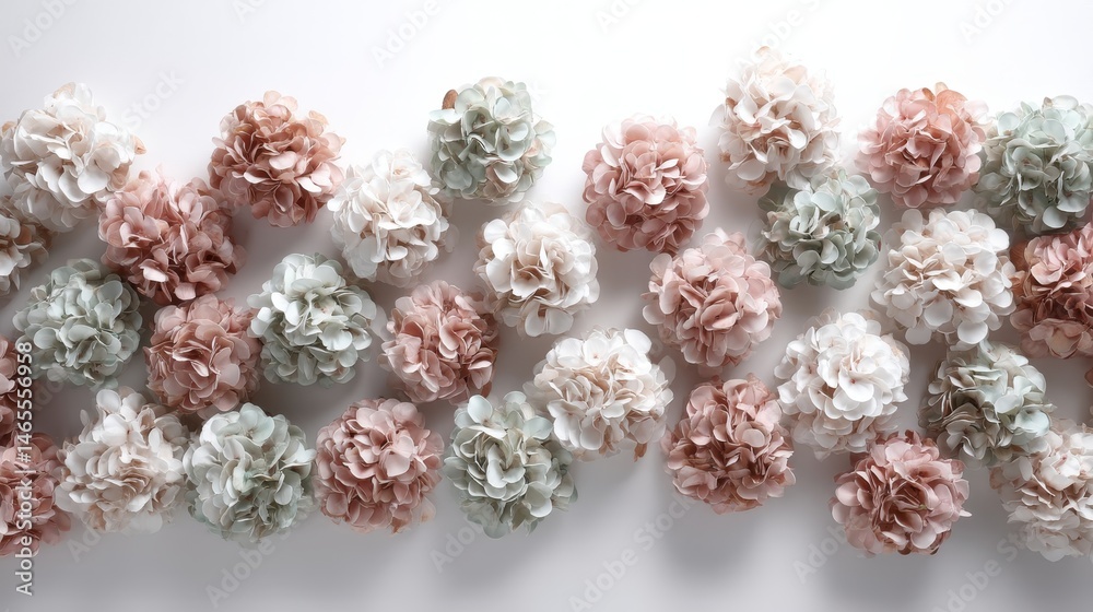Poster Clusters of hydrangeas in soft shades of pink and white create a delicate pattern against an ivory backdrop, ideal for stylish home decor and design projects