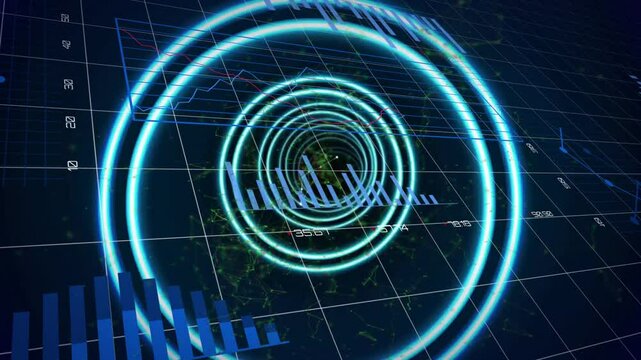 Concentric neon rings glowing over dark grid showing translucent blue bars, pulsing red green lines