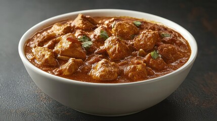 Delicious hearty Indian chicken curry served in a white bowl with rich flavorful gravy and tender chicken pieces, perfect for lunch or dinner