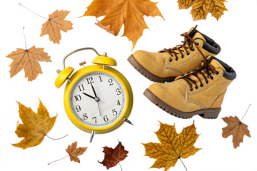 Fall Back Daylight Saving Time concept with yellow clock, boots and autumn leaves on AI Generated By PNG
