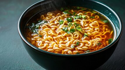 Hot spicy instant ramen noodles in black bowl with green onion garnishing on dark background, comfort food and quick meal concept