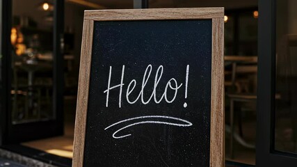 Welcome blackboard stands near cafe or restaurant. Invitation on sidewalk. Greeting in urban environment, promotion hospitality and small business concept.