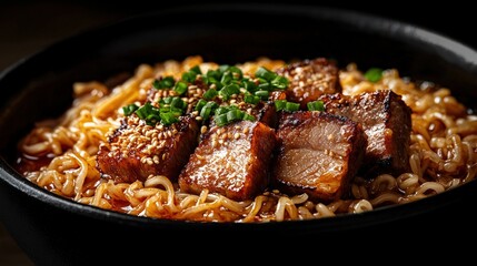 Fototapeta premium Delicious Asian-style noodle dish with crispy pork belly, green onions, and savory sauce served in a black bowl on a dark background