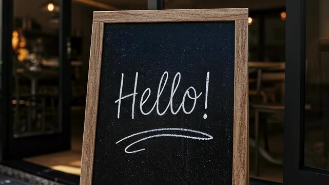 Welcome blackboard stands near cafe or restaurant. Invitation on sidewalk. Greeting in urban environment, promotion hospitality and small business concept.