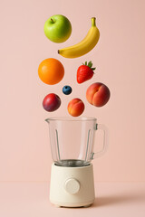 Floating fruits over blender: apple, banana, orange, strawberry, peach, creating fresh smoothies
