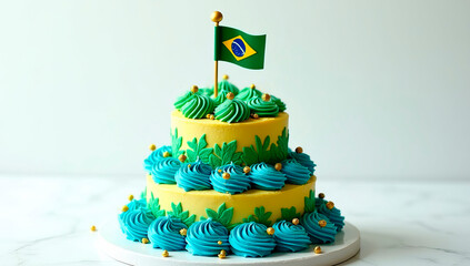 A beautifully crafted three-tier cake features layers of yellow and blue frosting, decorated with green leaves and a small Brazil flag on top, perfect for a celebration.