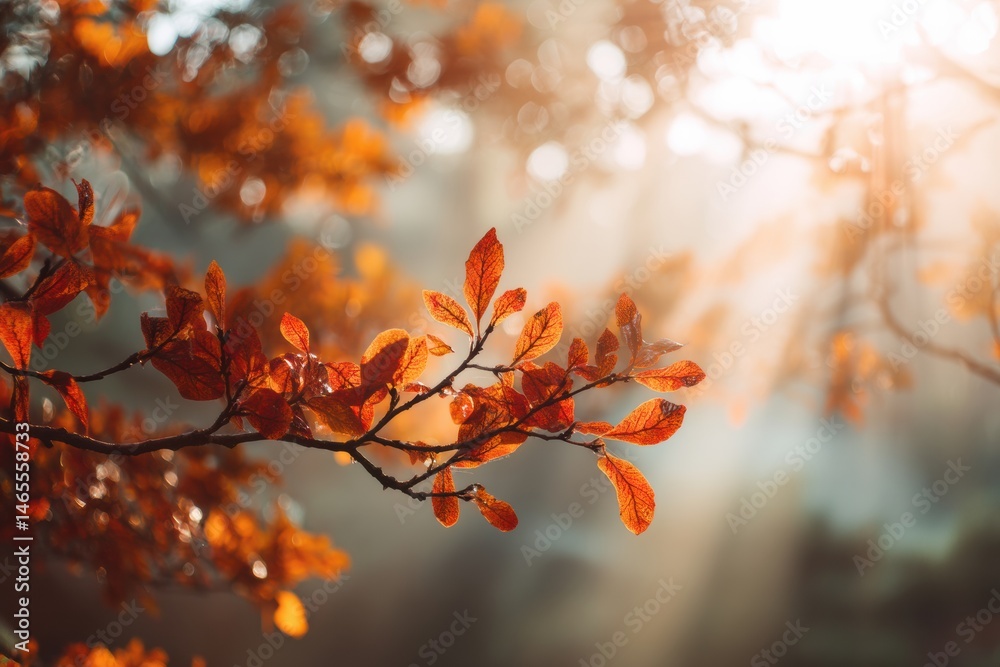 Poster Golden Rays Illuminate Vibrant Orange Leaves in a Tranquil Forest Setting During Autumn, Creating a Serene Atmosphere Generative AI