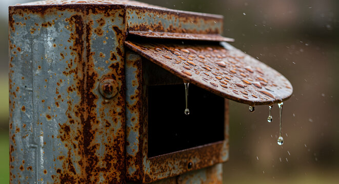 Weathered Mailbox In The Rain Showing Decay And Rustic Charm