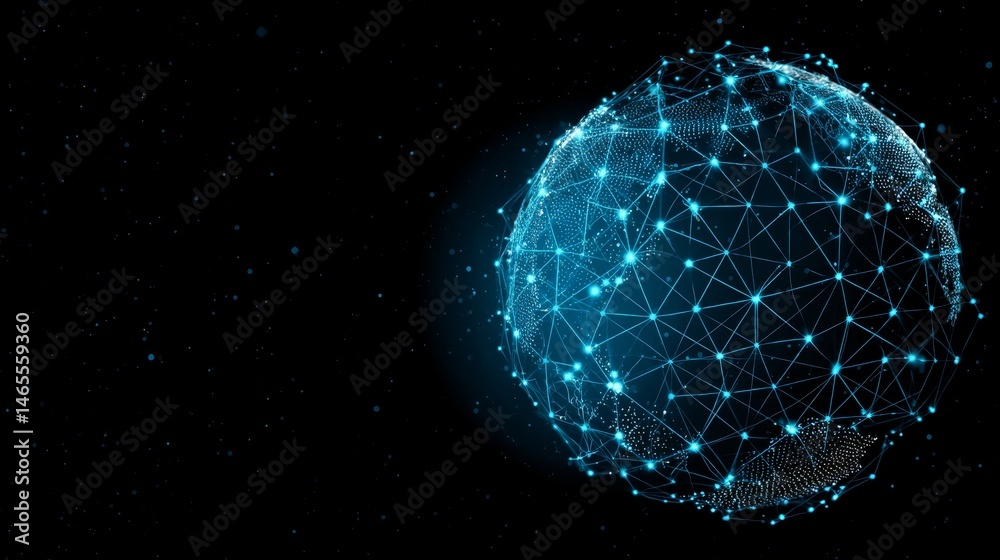 Poster a digital globe showcases interconnected blue light trails and nodes, set against a dark starry back