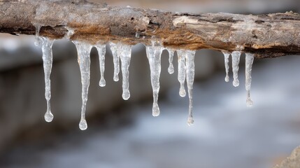Icicles dangle from a weathered branch, glistening in morning sunlight against a softly flowing water backdrop, evoking a tranquil winter scene