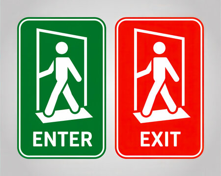 Green enter sign and red exit sign symbols.