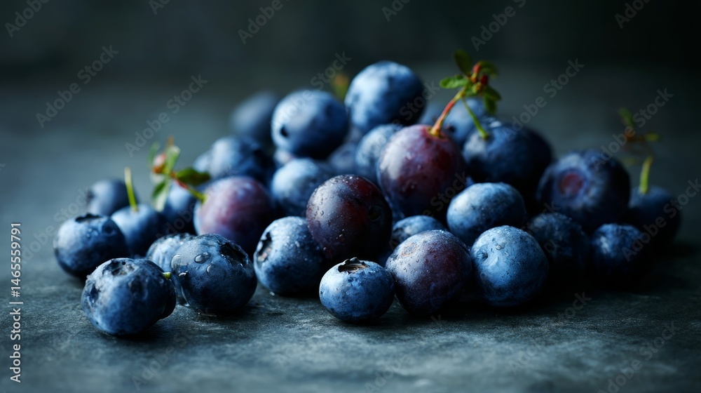 Poster close-up of ripe blueberries on a dark slate surface, showcasing their rich color and texture. the c