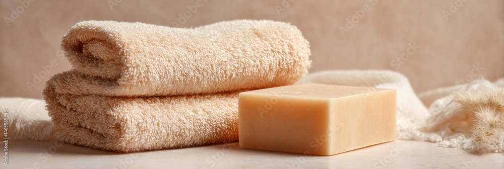 Aufkleber Soft Beige Towel and Soap Bar Arranged Neatly on a Clear Beige Background for a Serene and Clean Aesthetic Generative AI