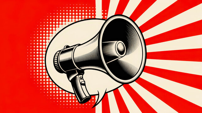 Retro megaphone with comic book style background.