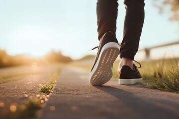 Close-up of feet on sunlit cobblestone walkway