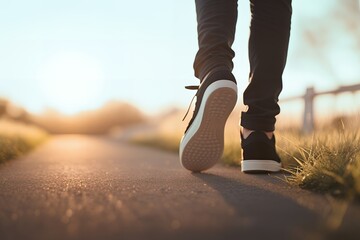 Close-up of feet on sunlit cobblestone walkway