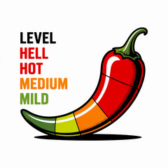 Colorful chili pepper with heat levels depicted.