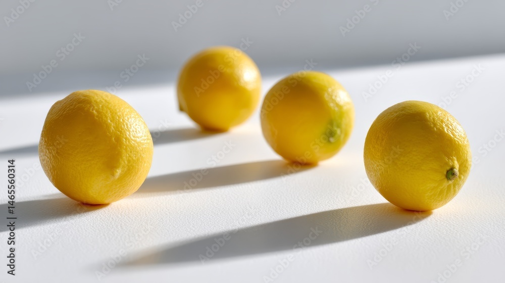 Aufkleber Multiple whole lemons are neatly arranged in a row on a white background, illuminated by soft light, creating smooth highlights and shadows