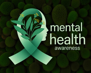 Green ribbon for mental health awareness on textured background.