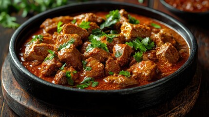 Rich and savory beef stew with tender meat chunks cooked in flavorful broth garnished with fresh herbs in a rustic black bowl