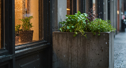 Rainy Day Urban Oasis Plants Flourishing Outside Storefront Window