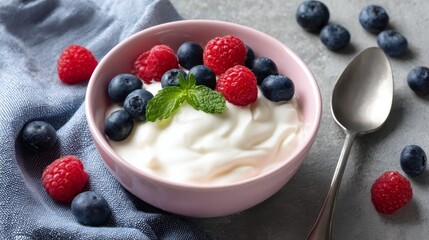 A pastel pink bowl filled with creamy yogurt is beautifully garnished with blueberries, raspberries, and a sprig of mint on a grey background