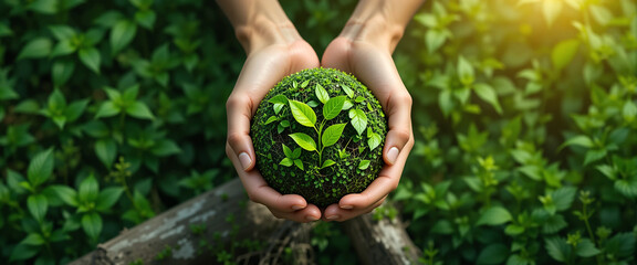 Business Hands Holding Green Plant Sphere &ndash; World Environment Day, Sustainability, and ESG Corporate Responsibility Concept