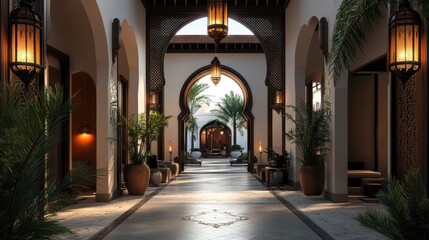 Obraz premium Serene Courtyard: Moroccan Architecture, Ornate Archways, Tranquil Oasis