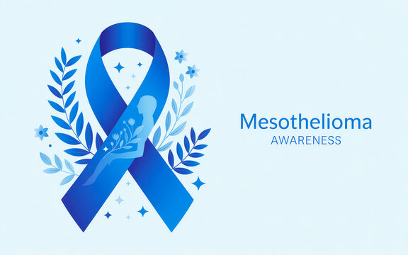Blue ribbon for mesothelioma awareness on a light background.