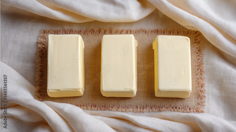 Leinwandbilder three sticks of butter rest on soft, pale yellow fabric, highlighting their smooth surface against t