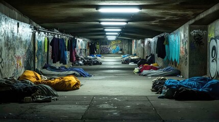Homeless People Sleeping in a Graffiti-Covered Underpass at Night