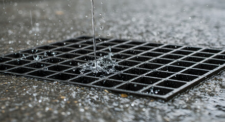 Urban Downpour Water Cascading Through Drainage Grate In The Street