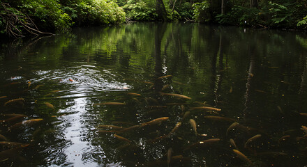 Abundant Aquatic Life: School Of Fish In A Tranquil Forest Pond