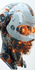 Futuristic humanoid robot head displaying internal machinery and glowing lights against bright studio background, advanced technology