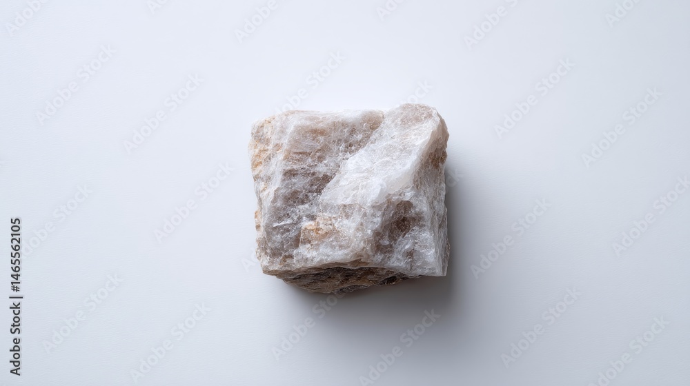 Aufkleber Rough-textured quartz crystal block is centered on a pure white surface, highlighted by subtle shadows that accentuate its unique natural formations