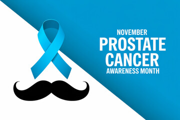 Prostate Cancer Awareness Month poster with blue ribbon and mustache.