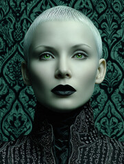 Fototapeta premium dramatic female portrait with pale skin, dark lipstick and green eyes in high contrast lighting, expressive fashion model with short hair and intense gaze in gothic and elegant style 