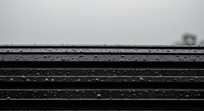 Gloomy Day: Water Droplets On Dark Metallic Parallel Structure